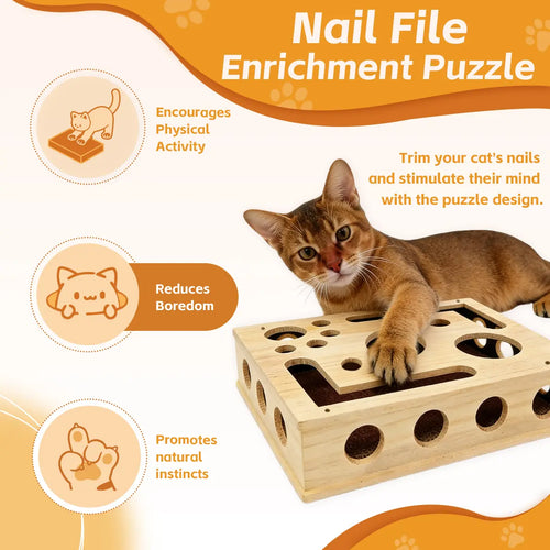 Cat Scratch Puzzle Enrichment Box Nail File Stress Free Alternative to Clippers and Grinders Durable Oak Wood Design for All Cat Ages Cat Toys