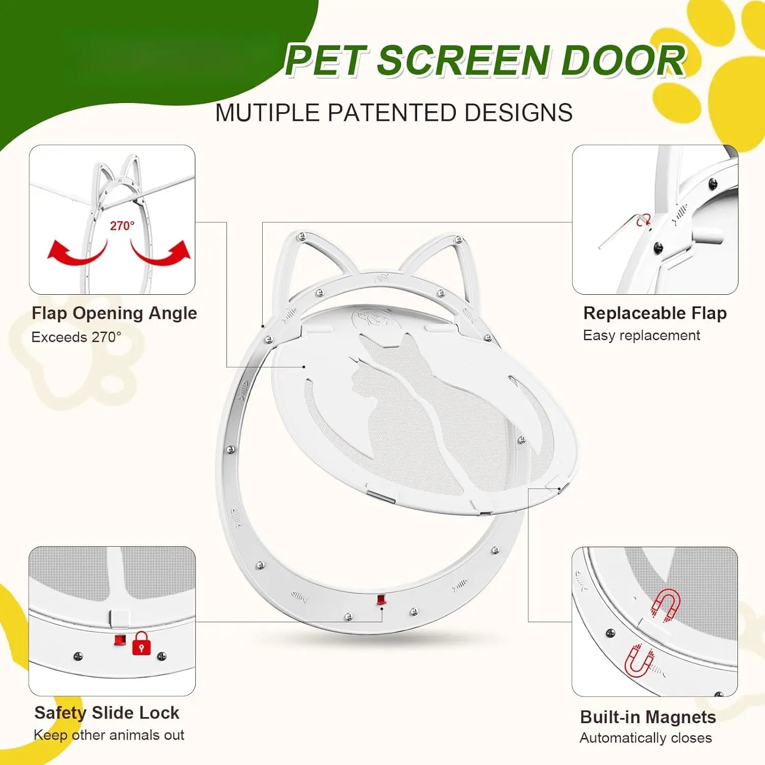 Cat Door for Screen Door, Cat Screen Door with Lockable Magnetic Flap, Anti-Mosquito Cat Door for Screen Window, White
