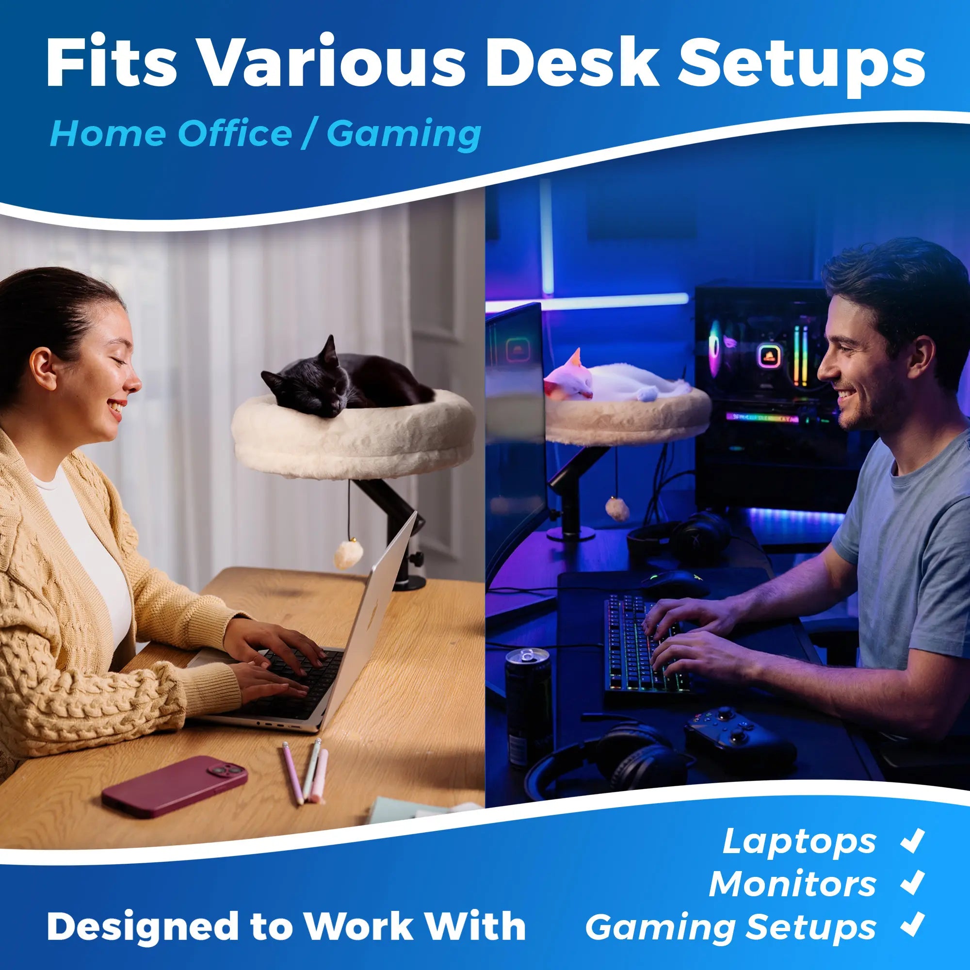 Petlovers Cat Desk Bed - Plush Elevated Desk Cat Bed Attachment with Removable Washable Cushion, 360° Swivel Arm, Secure Clamp - Keeps Your Cat Close While You Work or Play