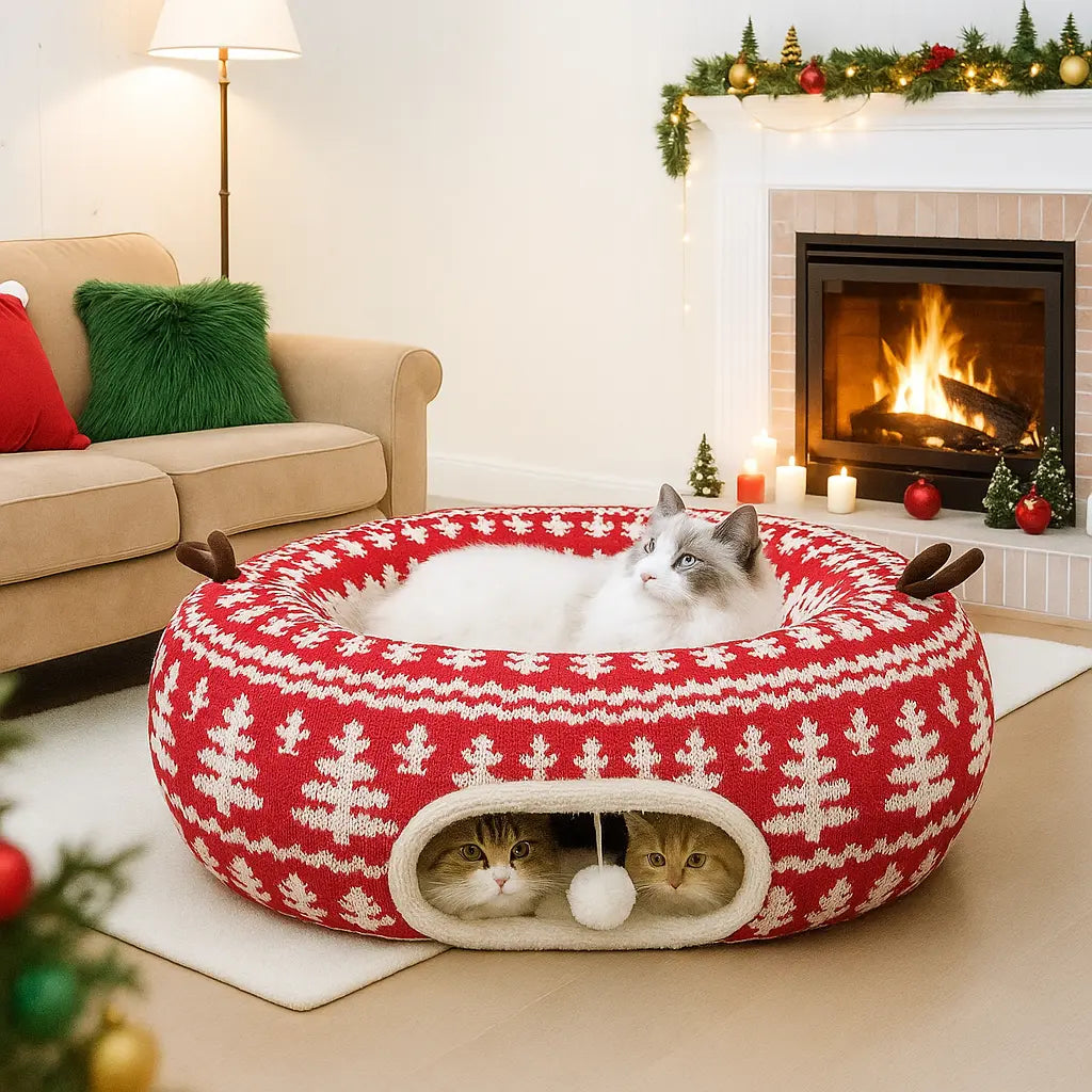 Mizusu Cat Tunnel Bed Cozy Comfort for Cats & Small Dogs Versatile 2-In-1 Play Area with Washable Cushion round Pet Play Toy for Kitten Puppy Rabbit Peekaboo Cave