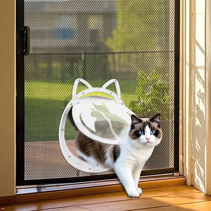Cat Door for Screen Door, Cat Screen Door with Lockable Magnetic Flap, Anti-Mosquito Cat Door for Screen Window, White