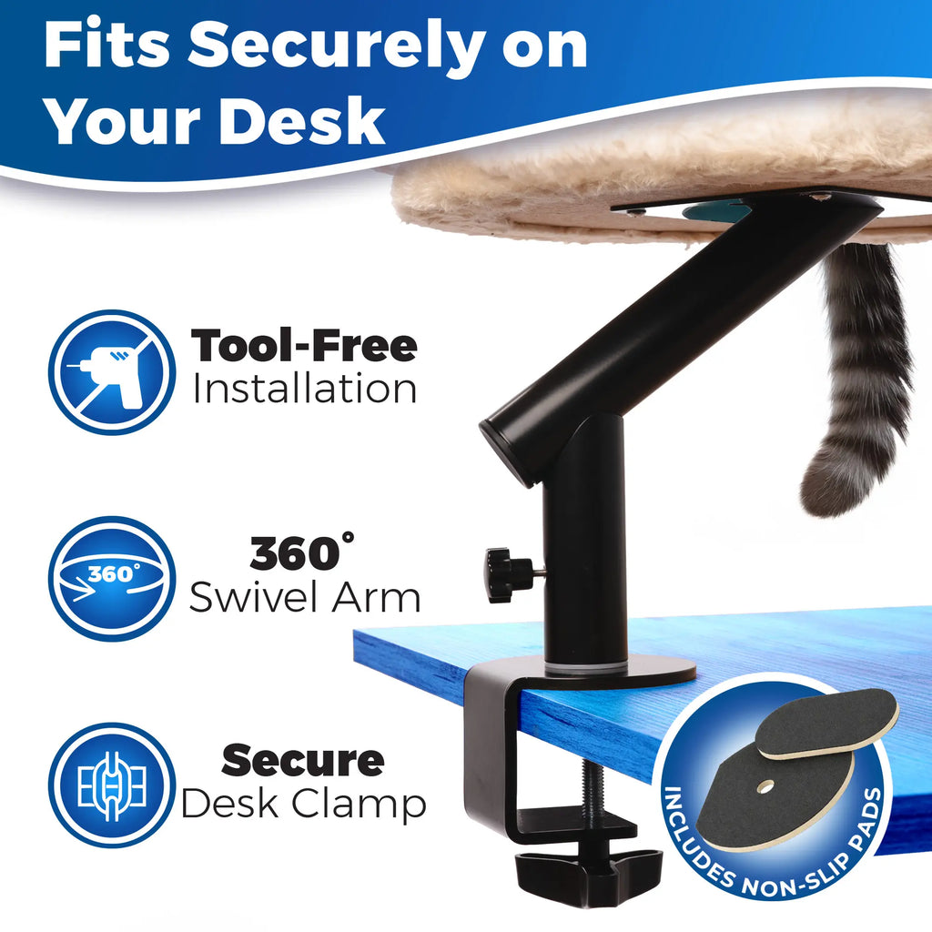 Petlovers Cat Desk Bed - Plush Elevated Desk Cat Bed Attachment with Removable Washable Cushion, 360° Swivel Arm, Secure Clamp - Keeps Your Cat Close While You Work or Play