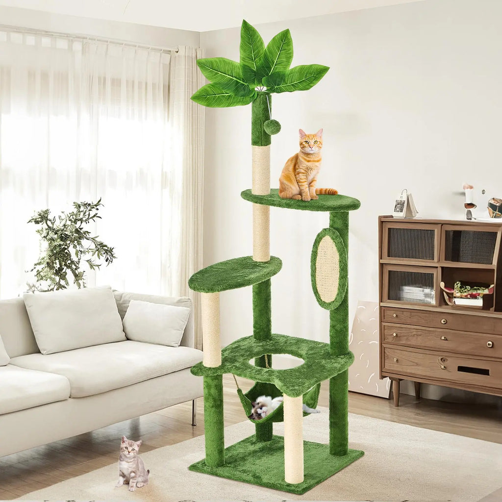 Wecharmer Cat Tree / Tower for Indoor with Green Leaves, Cat Condo Cozy Plush House with Hang Ball, Pet Furniture with Scratching Posts Cat Tree