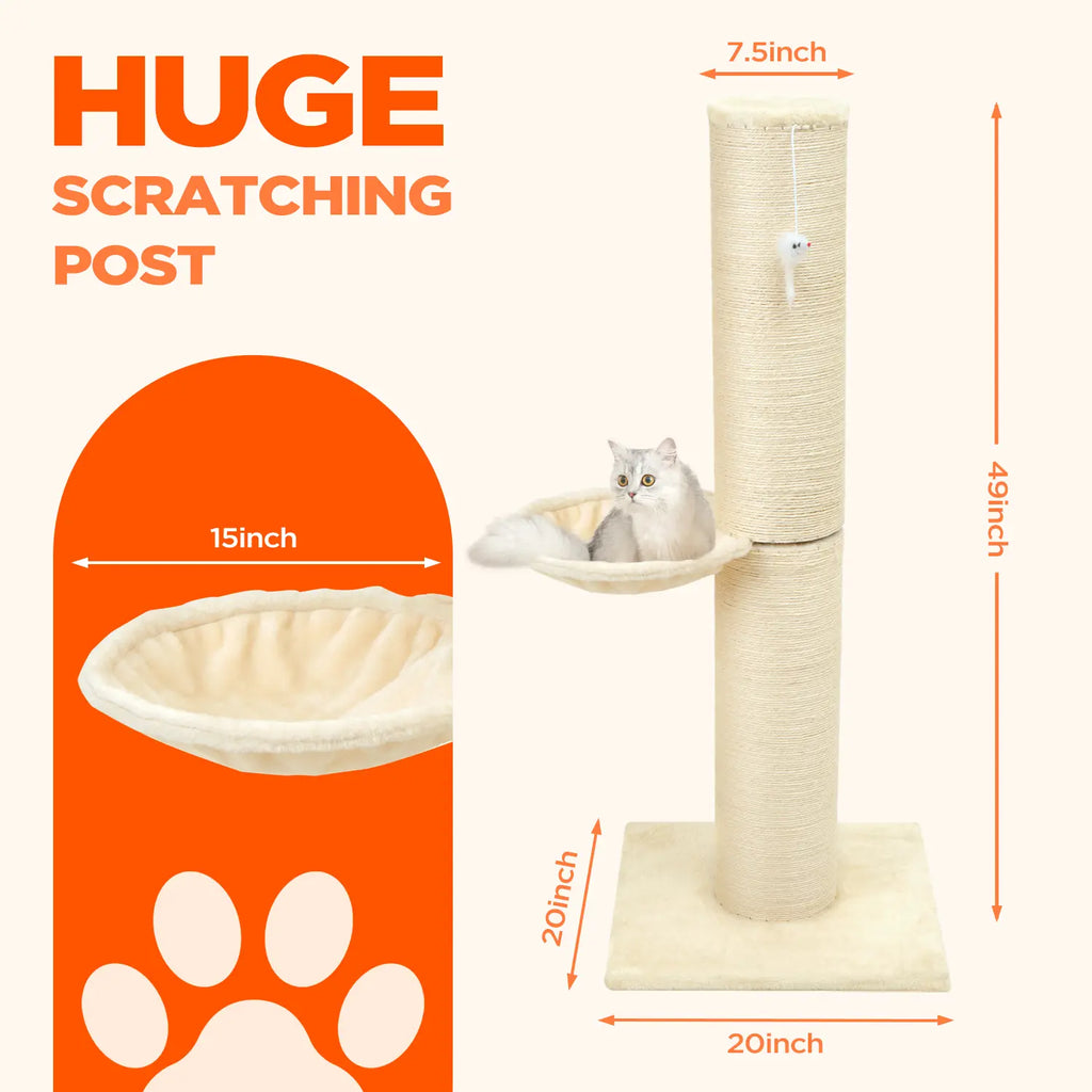 Made4Pets Huge Cat Scratching Post with Condo Cotton Sisal Rope Dual Rope Options for Pet Play and Rest Beige Color