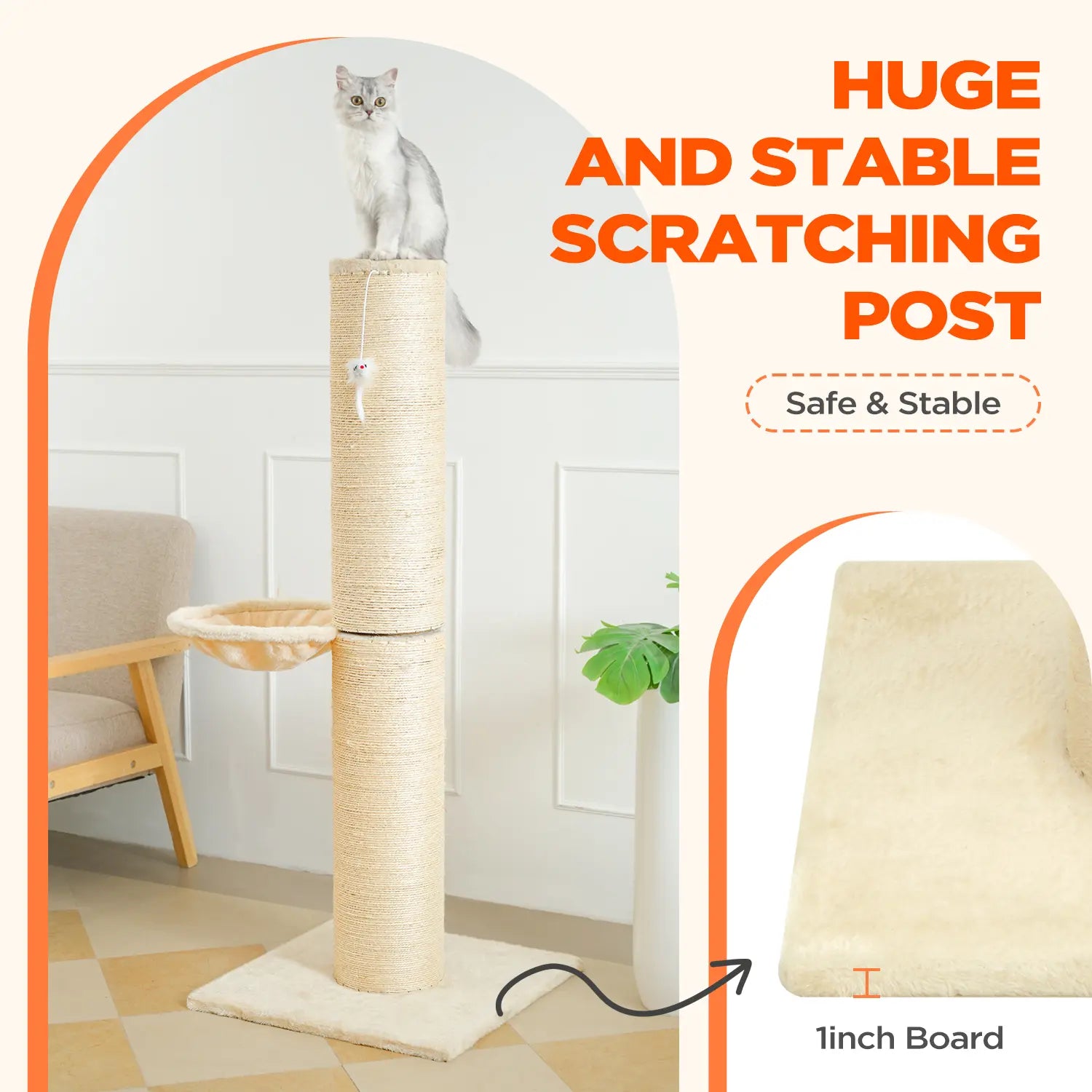Made4Pets Huge Cat Scratching Post with Condo Cotton Sisal Rope Dual Rope Options for Pet Play and Rest Beige Color