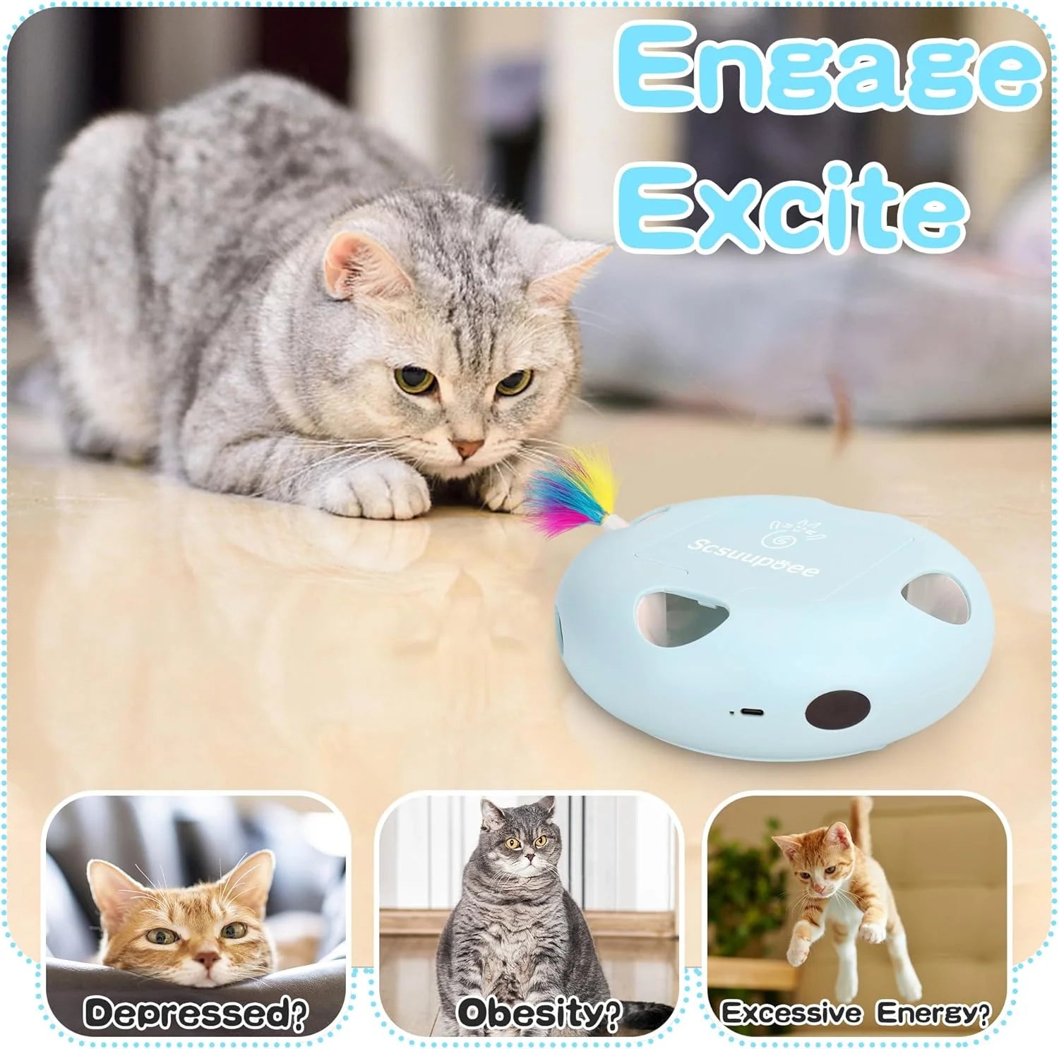 Iinteractive Cat Toy, Electric Cat Toys for Moving Concealed Feathers, Smart Sensor 7 Holes Whack a Mole Feather Toy, USB Charge Automatic Kitten Toys,Blue